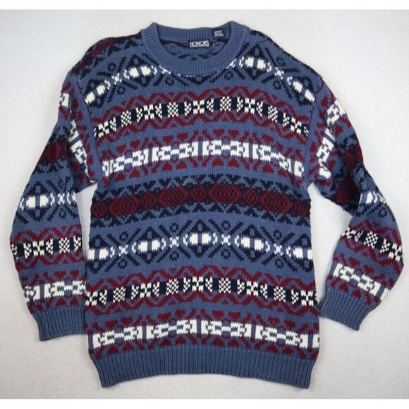 VINTAGE 90s MEN'S BLUE & RED HEAVY KNIT PULLOVER SWEATER - HONORS - SIZE M - Picture 2 of 6